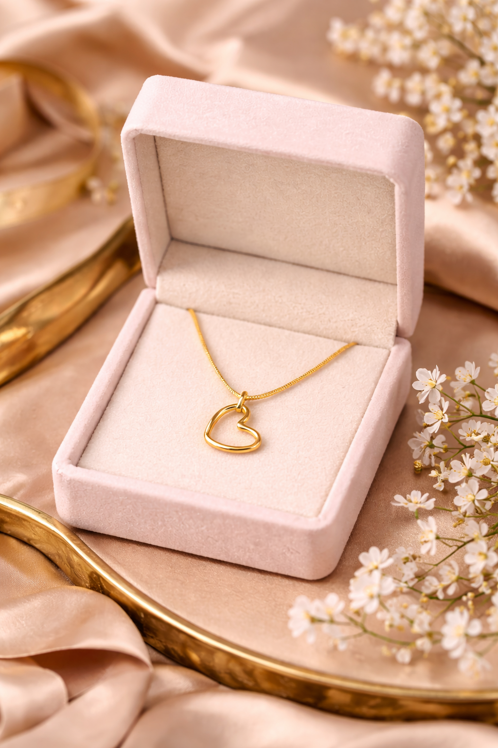 18K gold open heart pendant necklace in velvet jewelry box with floral display