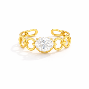 Gold adjustable link ring with round cubic zirconia stone on a white background