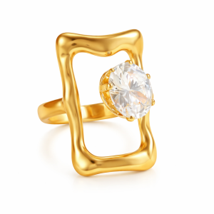 Gold open frame ring with oval crystal centerpiece on white background
