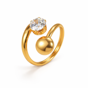 Gold open ring with round crystal and sphere detail on white background