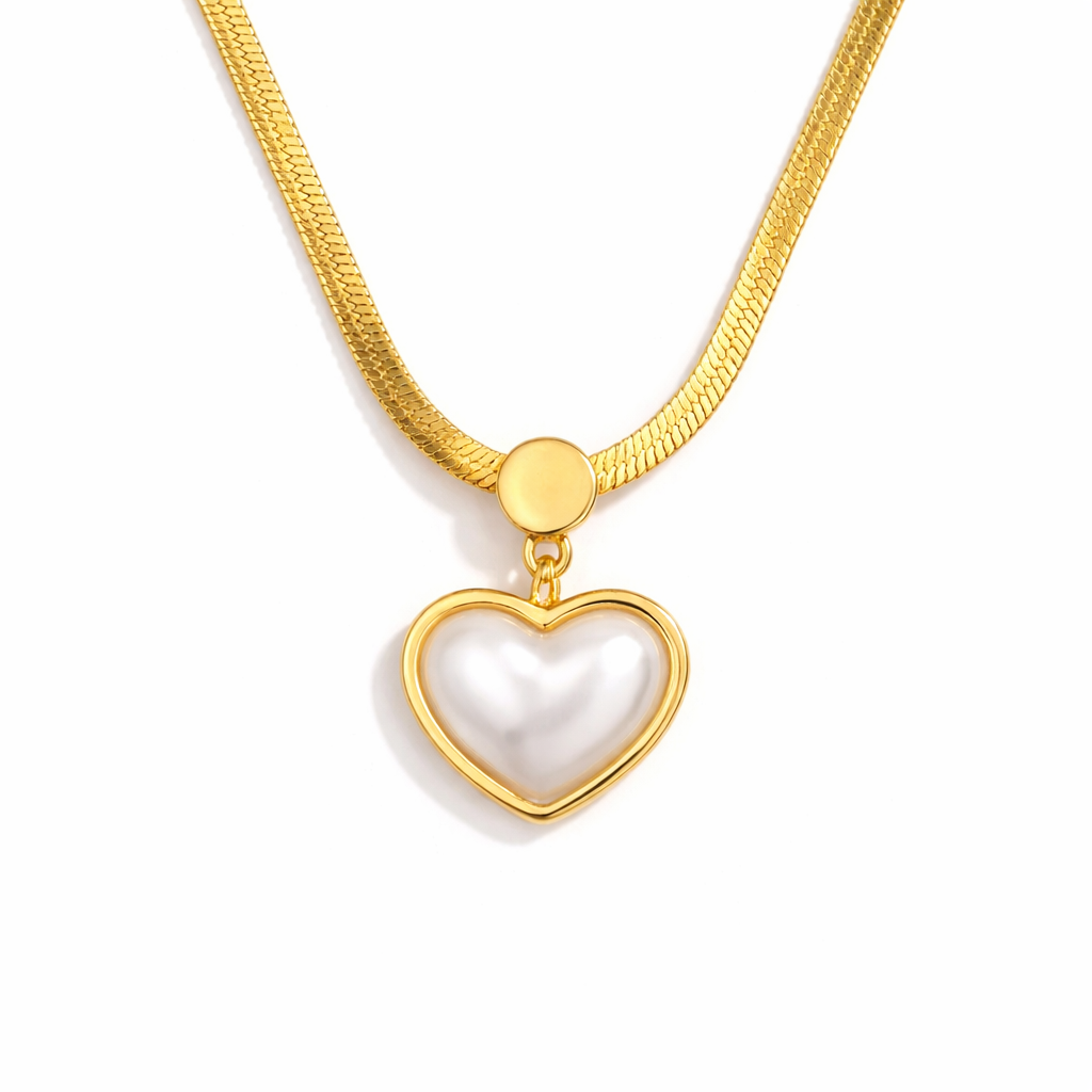 18K gold heart pearl pendant necklace on white background