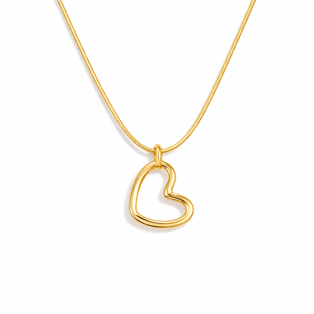 18K gold open heart pendant necklace on white background